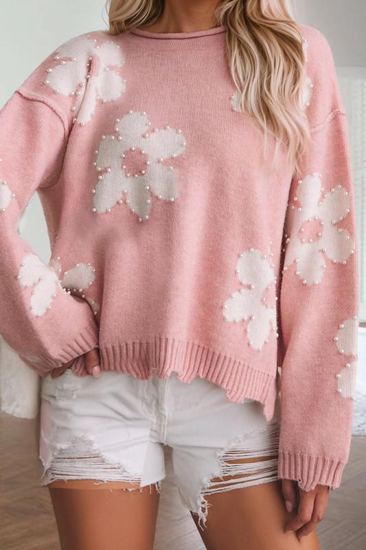 Pearl Beaded Floral Sweater